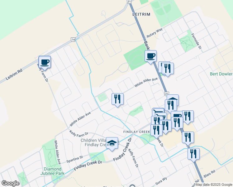 map of restaurants, bars, coffee shops, grocery stores, and more near 779 White Alder Avenue in Ottawa