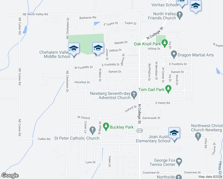 map of restaurants, bars, coffee shops, grocery stores, and more near 305 East Edgewood Drive in Newberg