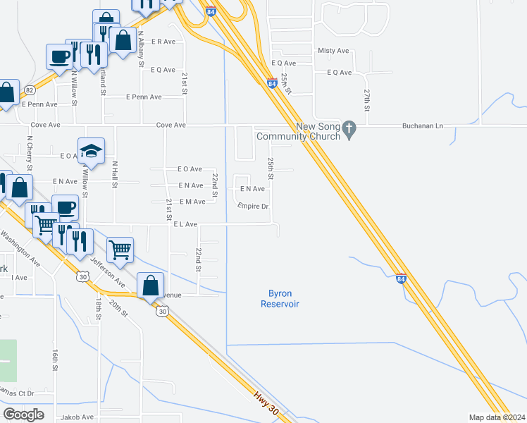 map of restaurants, bars, coffee shops, grocery stores, and more near 2708 Empire Drive in La Grande
