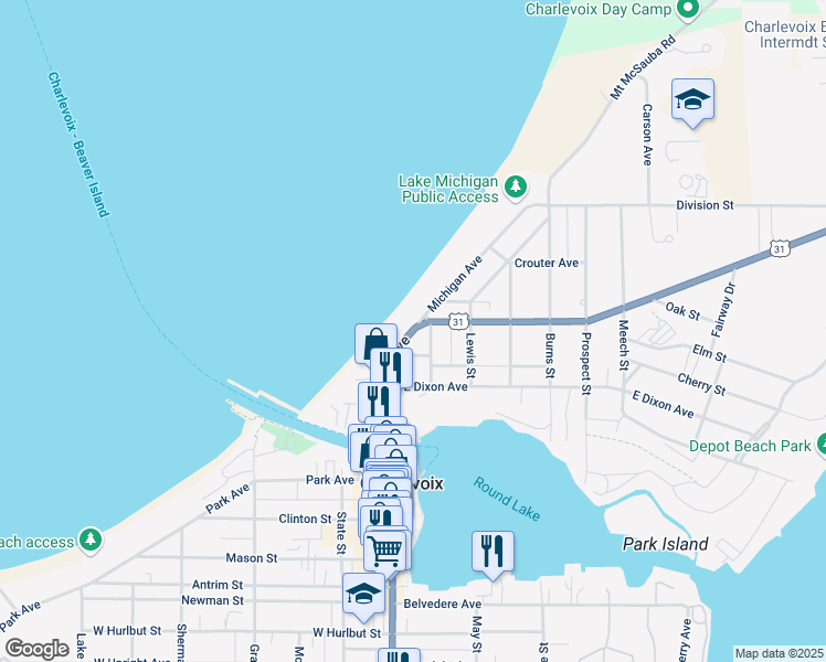 map of restaurants, bars, coffee shops, grocery stores, and more near 301-399 Michigan Avenue in Charlevoix