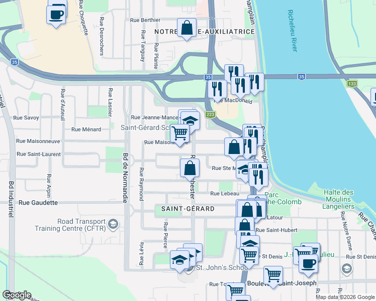 map of restaurants, bars, coffee shops, grocery stores, and more near 375 Rue Saint-Laurent in Saint-Jean-sur-Richelieu