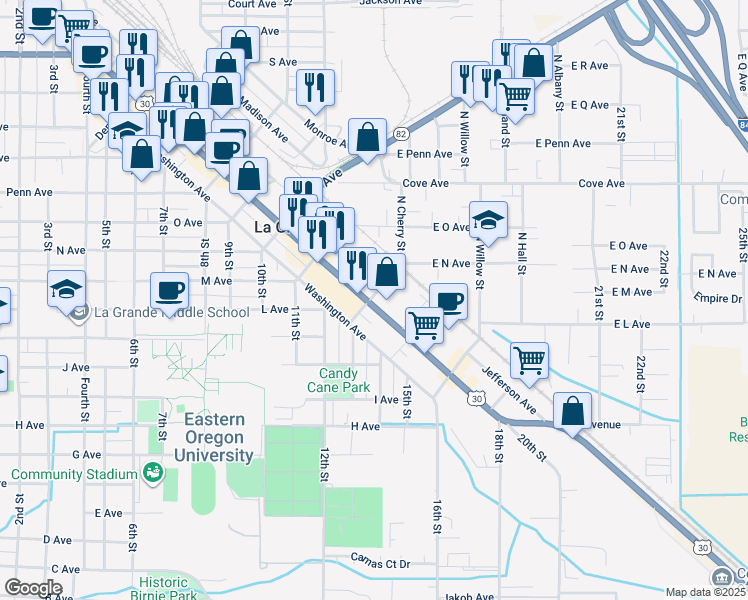 map of restaurants, bars, coffee shops, grocery stores, and more near 2009 Adams Avenue in La Grande