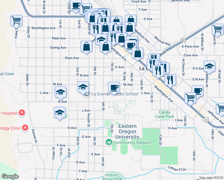 map of restaurants, bars, coffee shops, grocery stores, and more near 1206 7th Street in La Grande