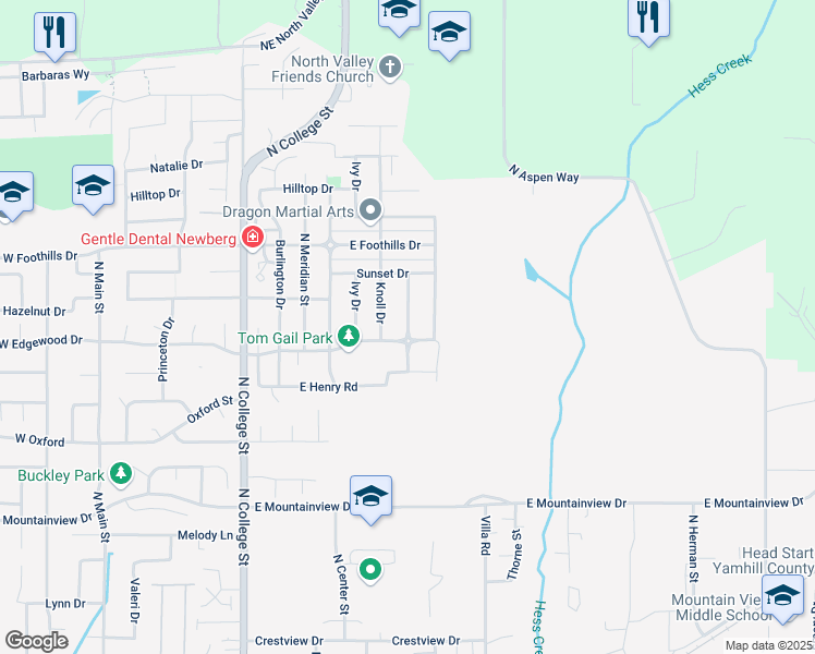 map of restaurants, bars, coffee shops, grocery stores, and more near 3027 Juniper Drive in Newberg