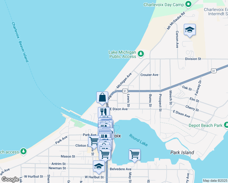map of restaurants, bars, coffee shops, grocery stores, and more near 399 Michigan Ave in Charlevoix