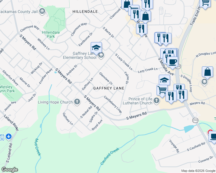 map of restaurants, bars, coffee shops, grocery stores, and more near 13498 Anderson Lane in Oregon City