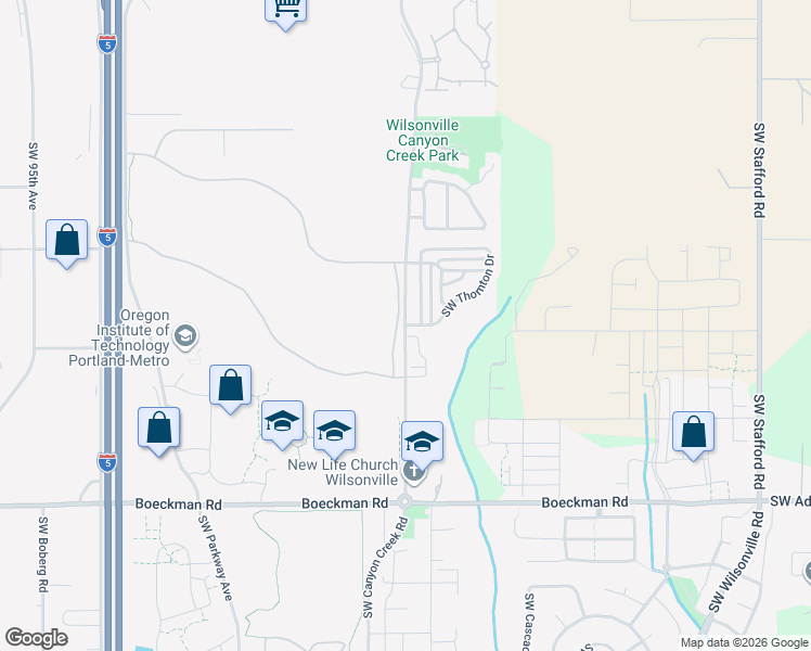 map of restaurants, bars, coffee shops, grocery stores, and more near 7798 Southwest Thornton Drive in Wilsonville