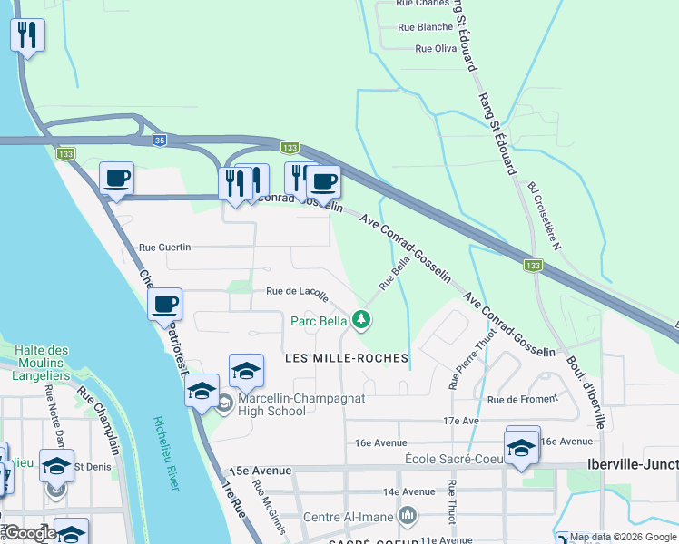 map of restaurants, bars, coffee shops, grocery stores, and more near 205 Rue Robert-Jones in Saint-Jean-sur-Richelieu
