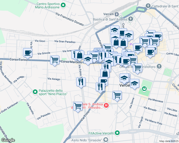 map of restaurants, bars, coffee shops, grocery stores, and more near 19 Via Giuseppe Chicco in Vercelli