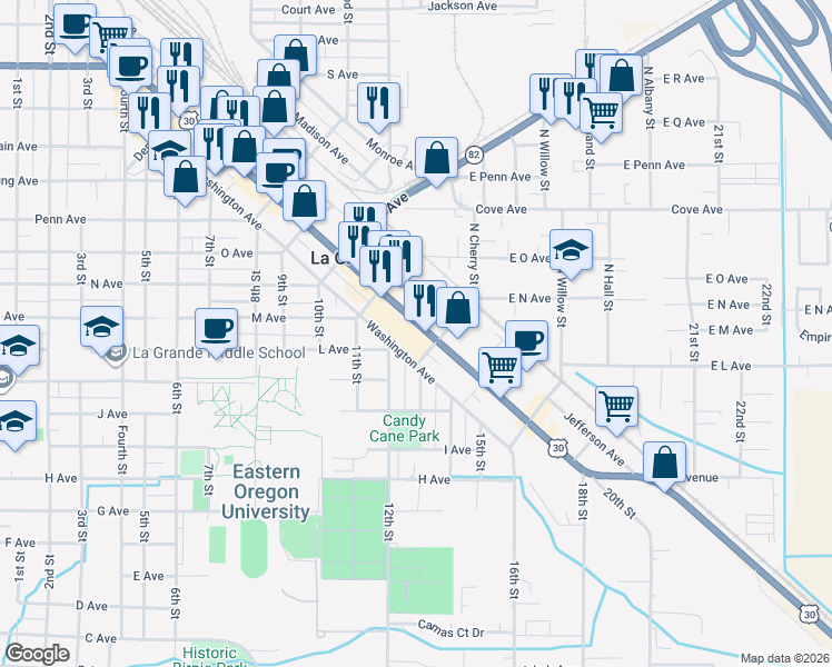map of restaurants, bars, coffee shops, grocery stores, and more near 1908 Adams Avenue in La Grande