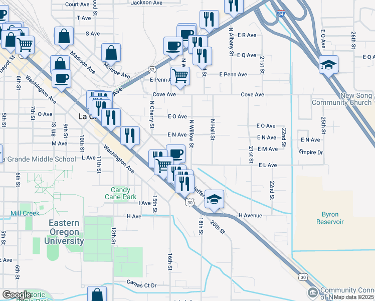 map of restaurants, bars, coffee shops, grocery stores, and more near 1208 North Willow Street in La Grande