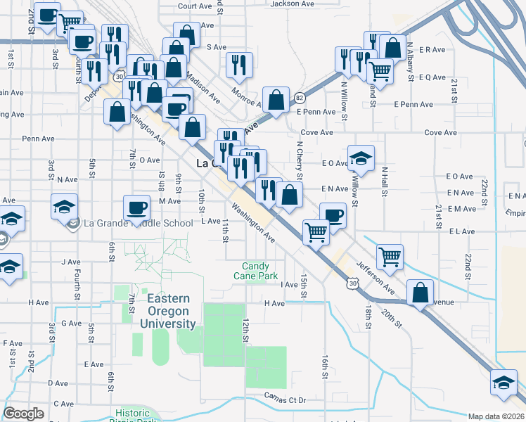 map of restaurants, bars, coffee shops, grocery stores, and more near 2009 Adams Avenue in La Grande