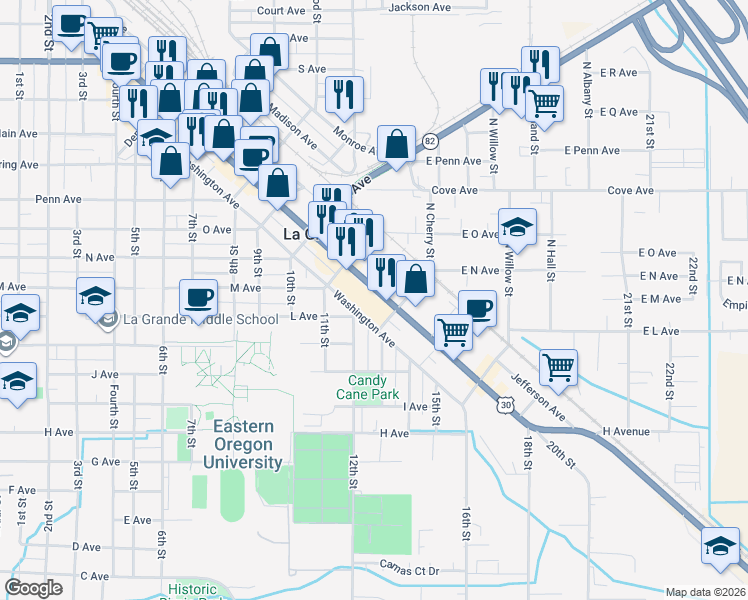 map of restaurants, bars, coffee shops, grocery stores, and more near 1906 1/2 Adams Avenue in La Grande