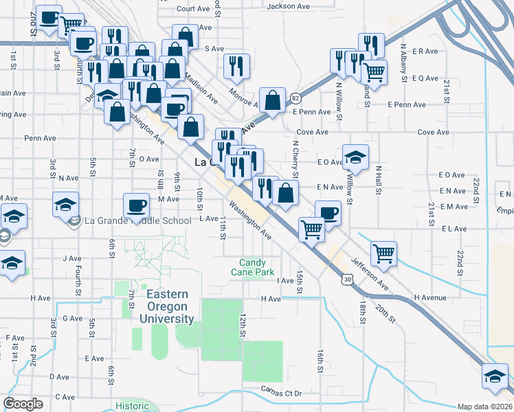 map of restaurants, bars, coffee shops, grocery stores, and more near 1906 1/2 Adams Avenue in La Grande