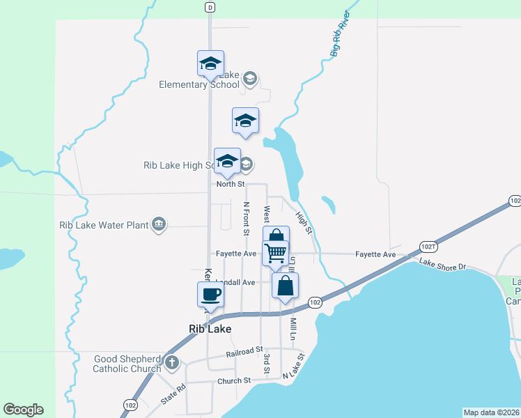 map of restaurants, bars, coffee shops, grocery stores, and more near 975 West Street in Rib Lake