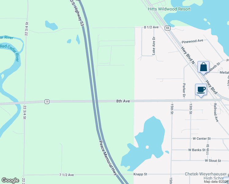 map of restaurants, bars, coffee shops, grocery stores, and more near 2328 8th Avenue in Chetek