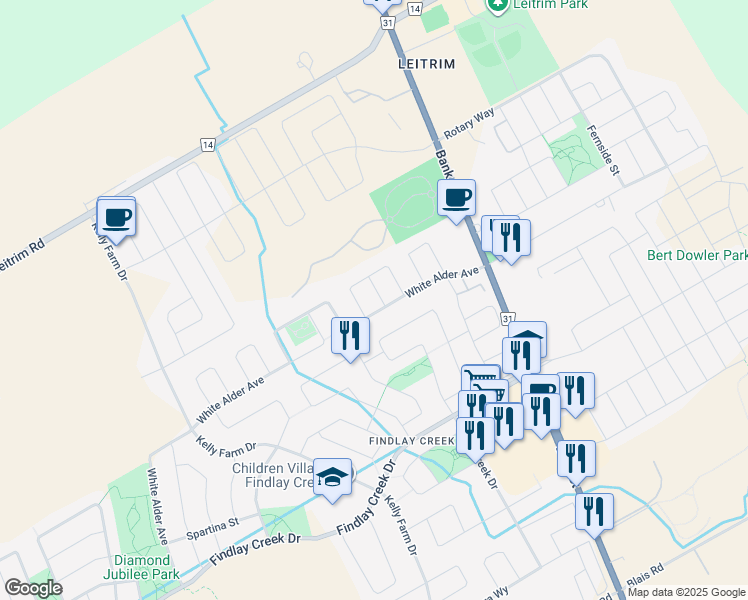 map of restaurants, bars, coffee shops, grocery stores, and more near 306 Buttonbush Way in Ottawa