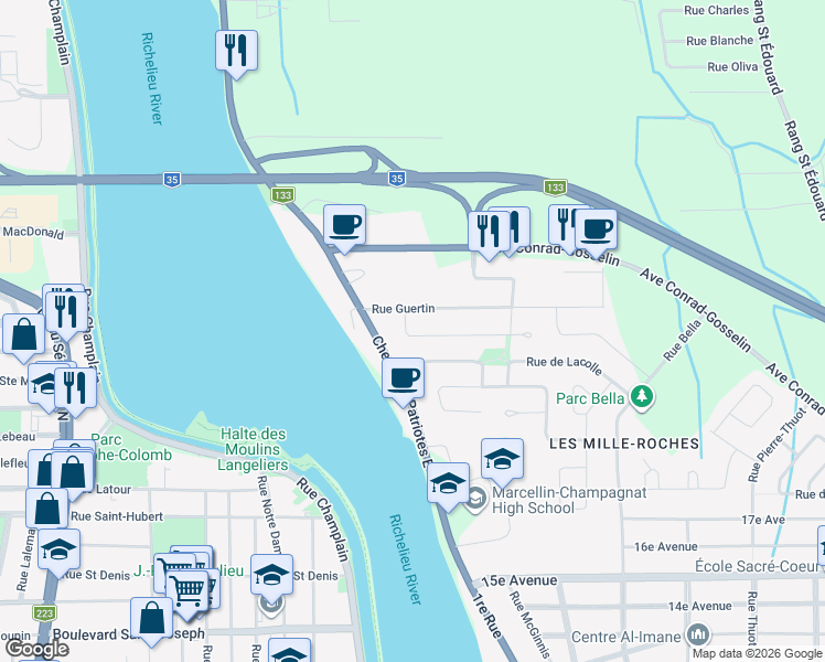 map of restaurants, bars, coffee shops, grocery stores, and more near 15 Rue Marguerite in Saint-Jean-sur-Richelieu