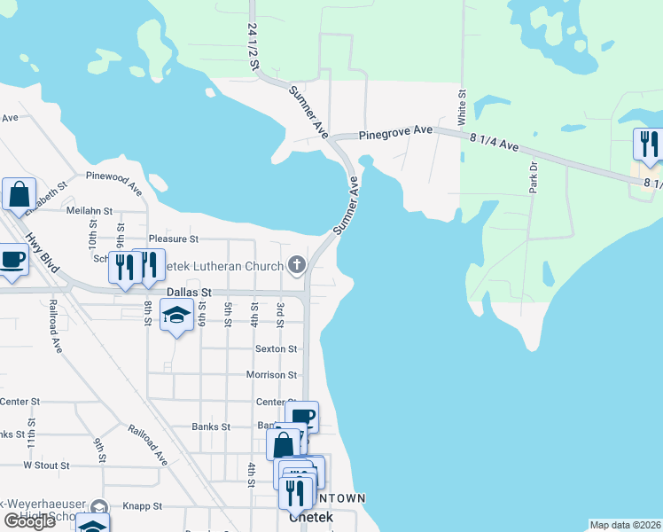 map of restaurants, bars, coffee shops, grocery stores, and more near 100 Schofield Street in Chetek