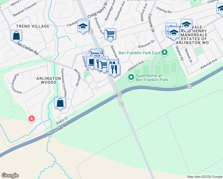 map of restaurants, bars, coffee shops, grocery stores, and more near 300 Greenbank Road in Ottawa