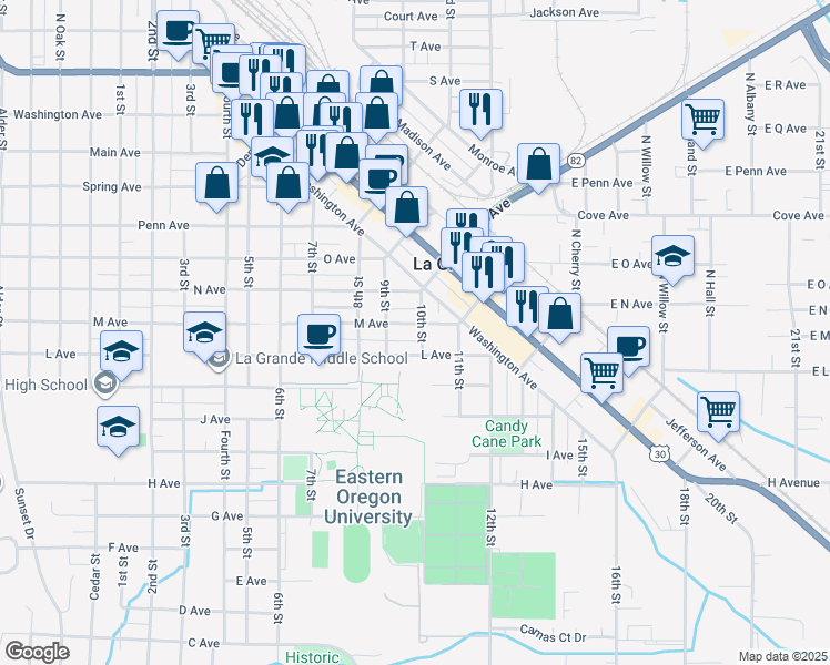 map of restaurants, bars, coffee shops, grocery stores, and more near 1206 10th Street in La Grande