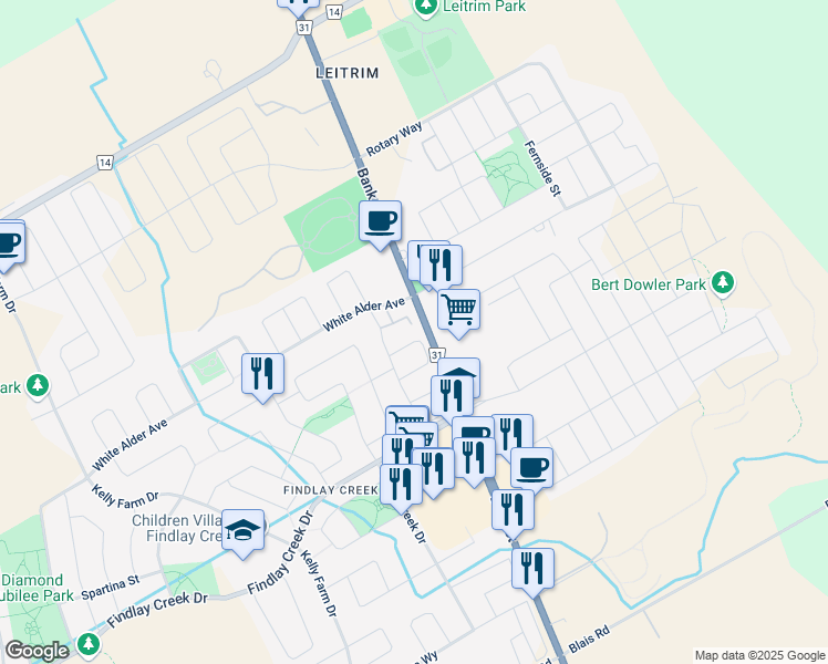 map of restaurants, bars, coffee shops, grocery stores, and more near in Ottawa