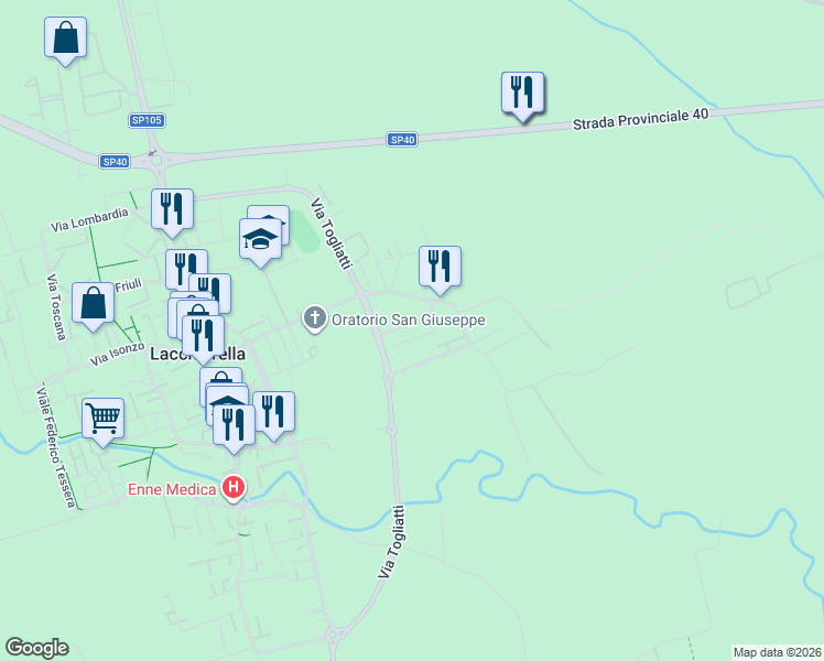 map of restaurants, bars, coffee shops, grocery stores, and more near 8 Via Giuseppe di Vittorio in Lacchiarella