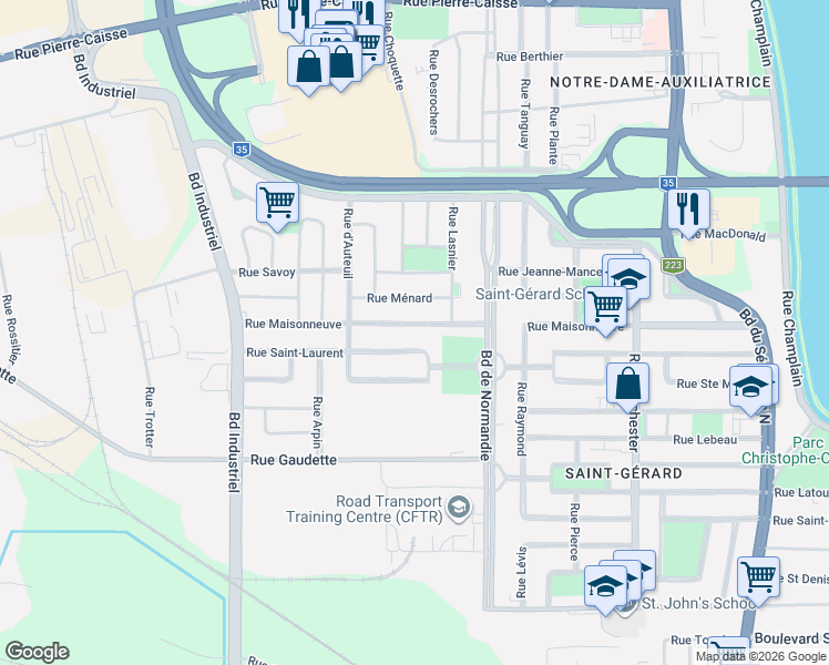 map of restaurants, bars, coffee shops, grocery stores, and more near 500 Rue Maisonneuve in Saint-Jean-sur-Richelieu