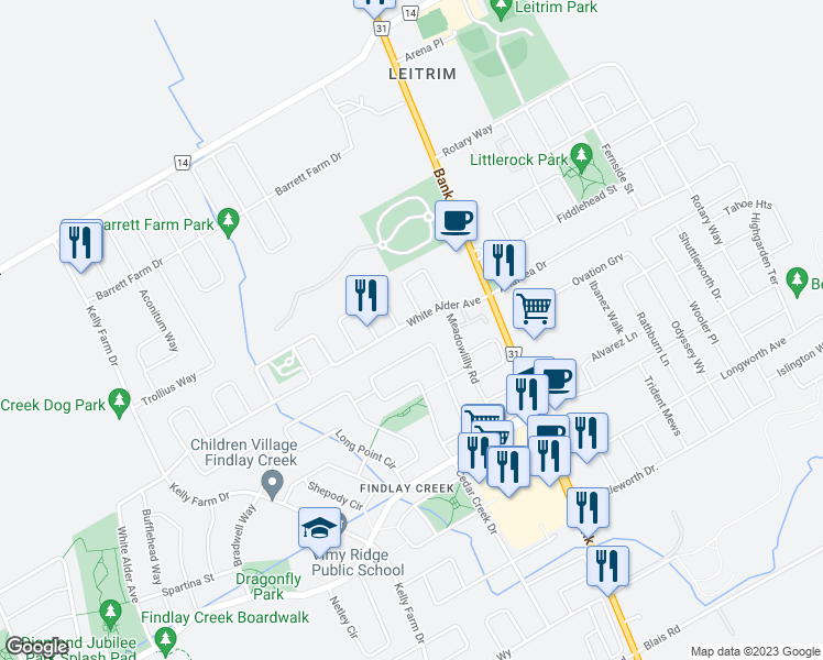 map of restaurants, bars, coffee shops, grocery stores, and more near 860 White Alder Avenue in Ottawa
