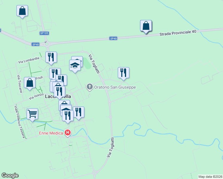 map of restaurants, bars, coffee shops, grocery stores, and more near 8 Via Giuseppe di Vittorio in Lacchiarella