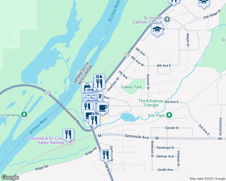 map of restaurants, bars, coffee shops, grocery stores, and more near 550 Chieftain Street in Osceola