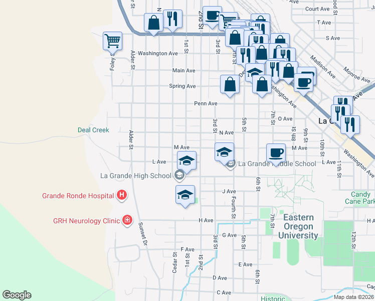 map of restaurants, bars, coffee shops, grocery stores, and more near 1204 1st Street in La Grande