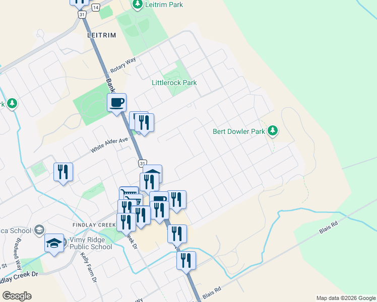 map of restaurants, bars, coffee shops, grocery stores, and more near 319 Ibanez Walk in Ottawa