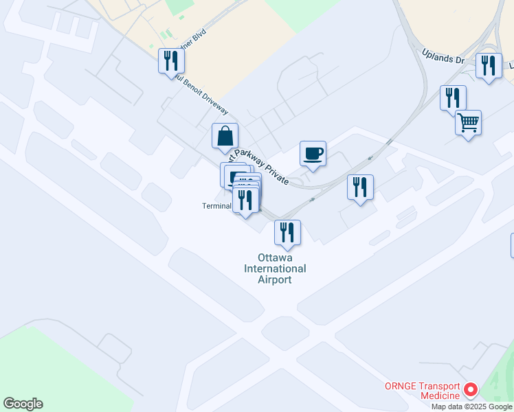 map of restaurants, bars, coffee shops, grocery stores, and more near 1000 Airport Parkway Private in Ottawa
