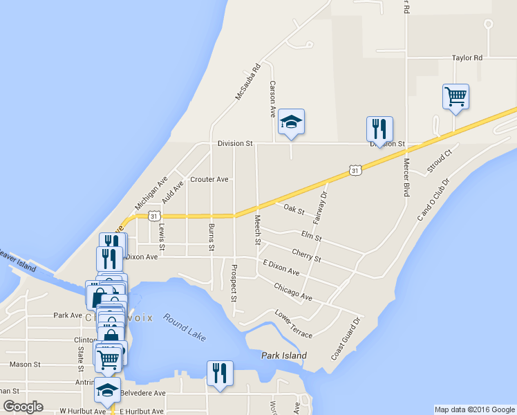 map of restaurants, bars, coffee shops, grocery stores, and more near 601 Petoskey Avenue in Charlevoix