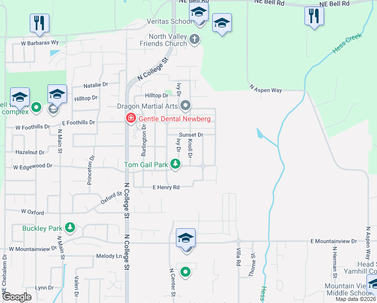 map of restaurants, bars, coffee shops, grocery stores, and more near 3121 Knoll Drive in Newberg