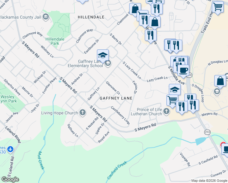 map of restaurants, bars, coffee shops, grocery stores, and more near 13498 Anderson Lane in Oregon City