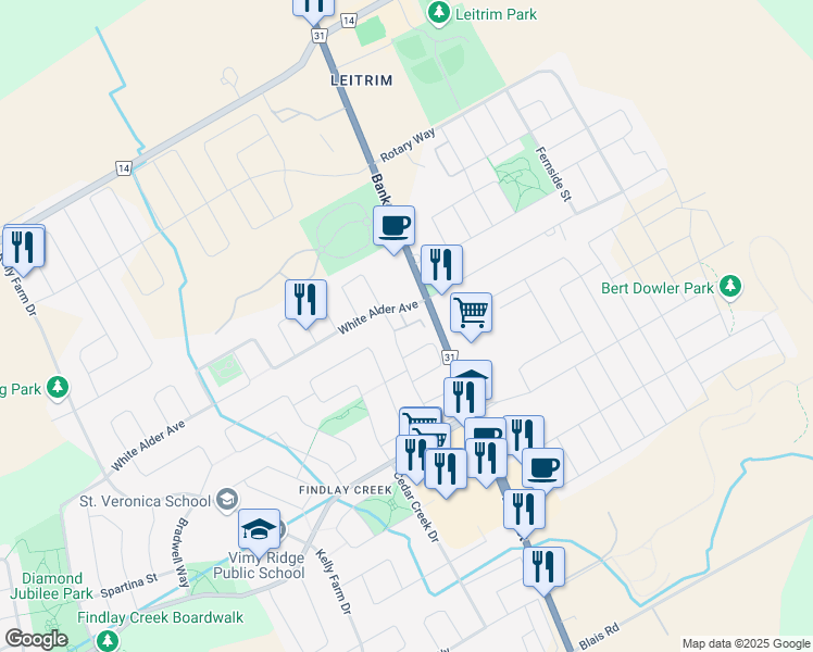 map of restaurants, bars, coffee shops, grocery stores, and more near Espresso Private in Ottawa