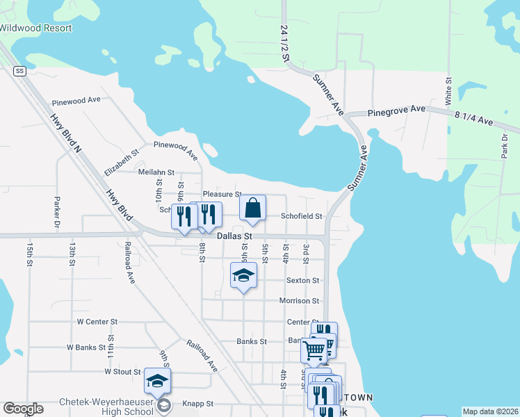 map of restaurants, bars, coffee shops, grocery stores, and more near 519 Schofield Street in Chetek