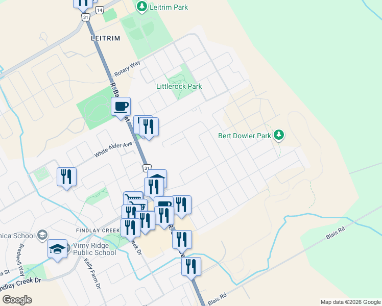 map of restaurants, bars, coffee shops, grocery stores, and more near 319 Ibanez Walk in Ottawa