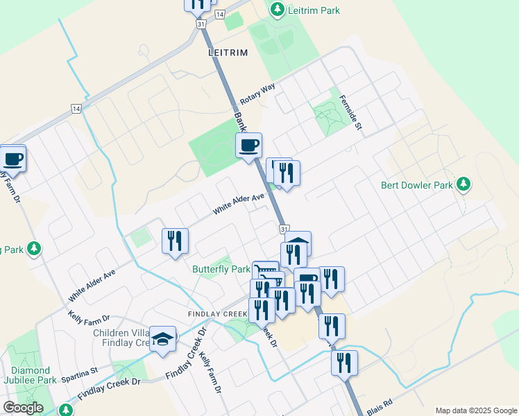 map of restaurants, bars, coffee shops, grocery stores, and more near 920 White Alder Avenue in Ottawa