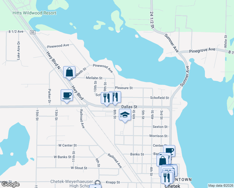 map of restaurants, bars, coffee shops, grocery stores, and more near 1423 8th Street in Chetek