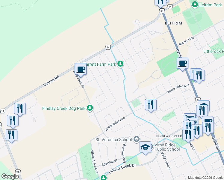 map of restaurants, bars, coffee shops, grocery stores, and more near 271 Trollius Way in Ottawa