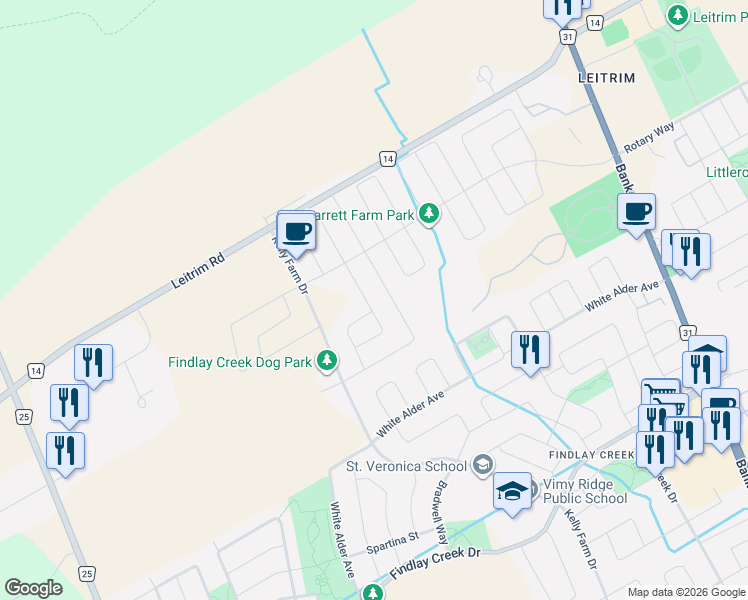 map of restaurants, bars, coffee shops, grocery stores, and more near 36 Aconitum Way in Ottawa