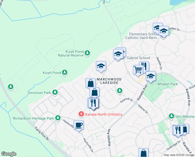 map of restaurants, bars, coffee shops, grocery stores, and more near 604 Miro Way in Ottawa
