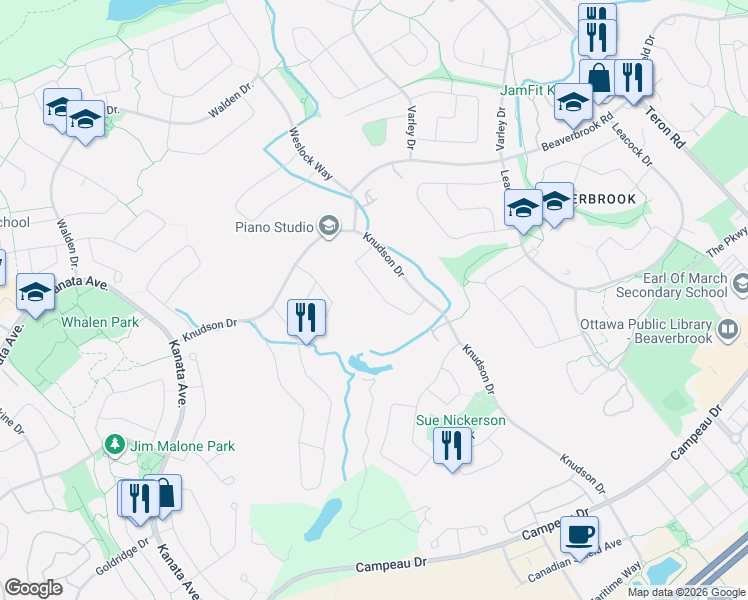 map of restaurants, bars, coffee shops, grocery stores, and more near 20 Halldorson Crescent in Ottawa