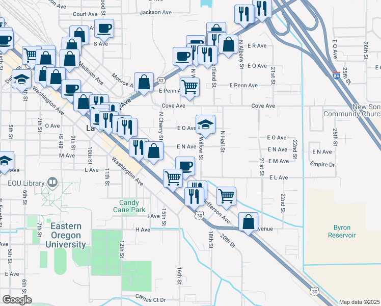 map of restaurants, bars, coffee shops, grocery stores, and more near 1208 North Willow Street in La Grande