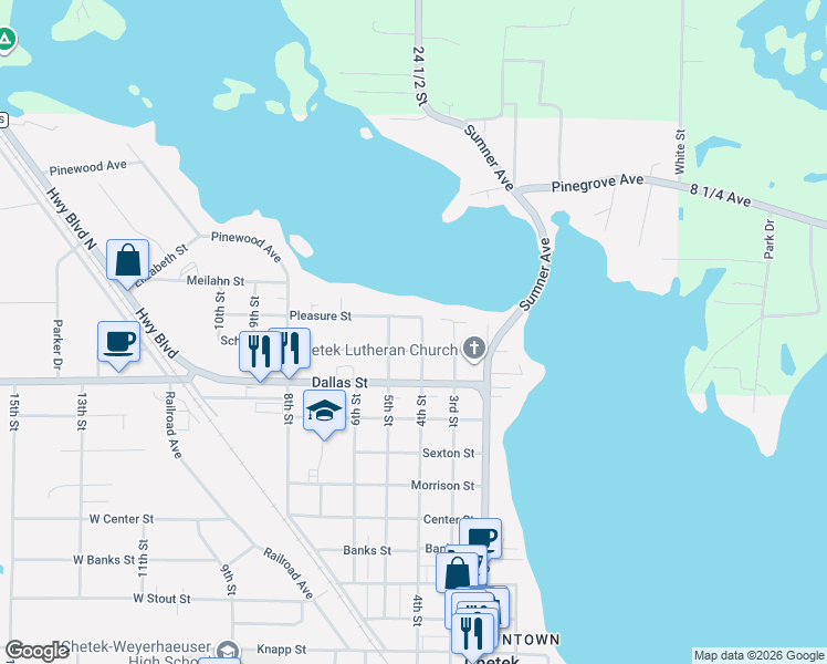map of restaurants, bars, coffee shops, grocery stores, and more near 419 Schofield Street in Chetek