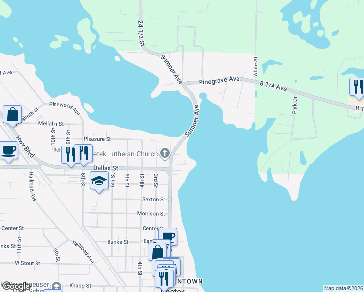 map of restaurants, bars, coffee shops, grocery stores, and more near 100 Schofield Street in Chetek