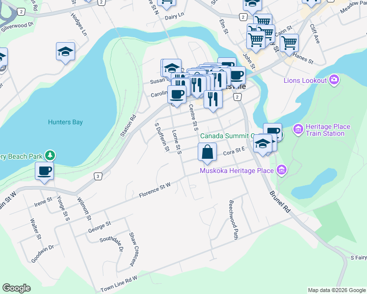 map of restaurants, bars, coffee shops, grocery stores, and more near 14 Duncan Street West in Huntsville